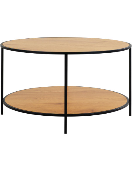 Table basse moderne Ronde 1 étagère Métal Noir Panneau de particules Feuille de mélamine Naturel Effet chêne Vita 