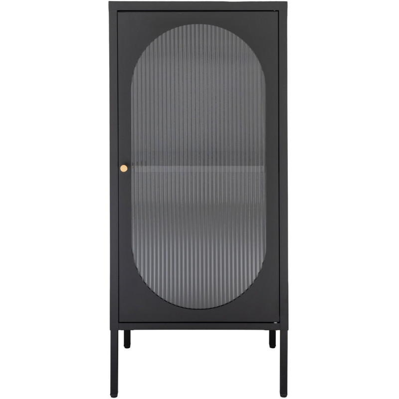 Petit Buffet vitrine moderne Bas 1 porte Métal Noir Verre ondulé Semi-transparent Adélaïde 