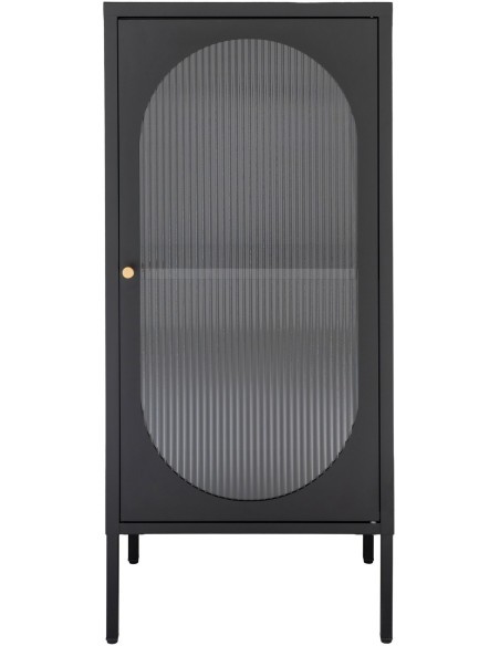 Petit Buffet vitrine moderne Bas 1 porte Métal Noir Verre ondulé Semi-transparent Adélaïde 