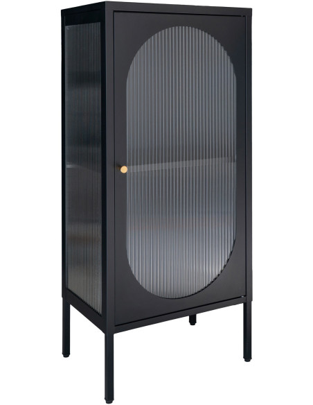 Petit Buffet vitrine moderne Bas 1 porte Métal Noir Verre ondulé Semi-transparent Adélaïde 