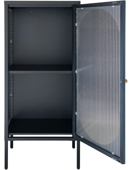 Petit Buffet vitrine moderne Bas 1 porte Métal Noir Verre ondulé Semi-transparent Adélaïde 