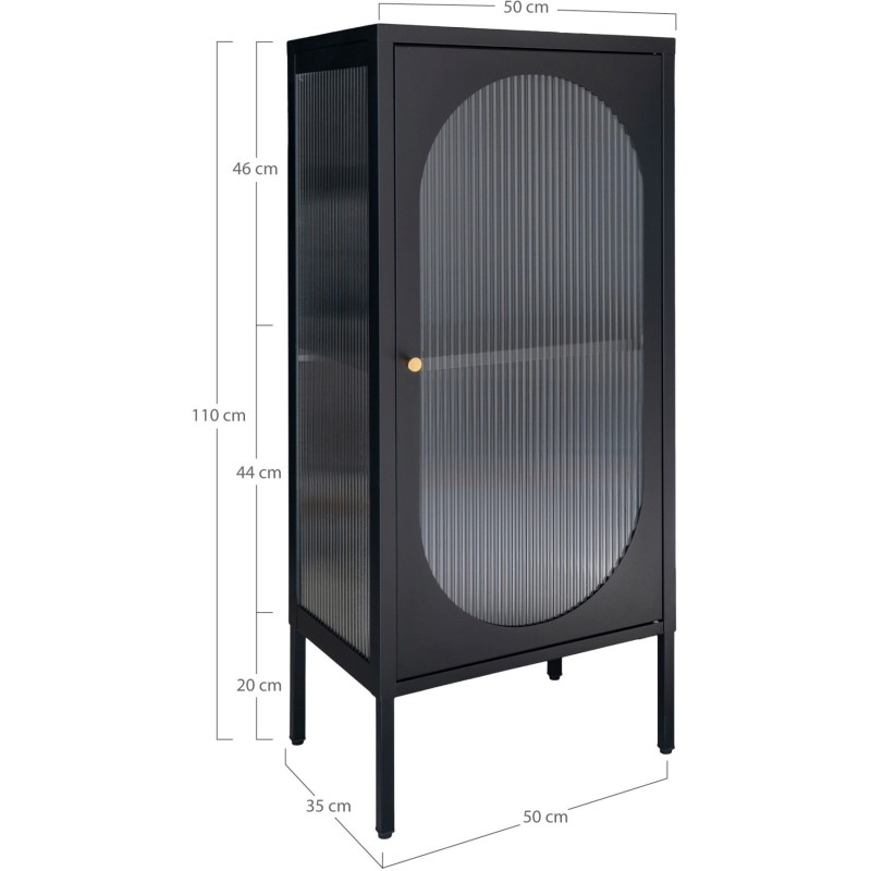 Petit Buffet vitrine moderne Bas 1 porte Métal Noir Verre ondulé Semi-transparent Adélaïde 