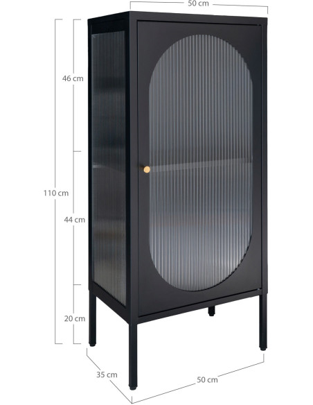 Petit Buffet vitrine moderne Bas 1 porte Métal Noir Verre ondulé Semi-transparent Adélaïde 