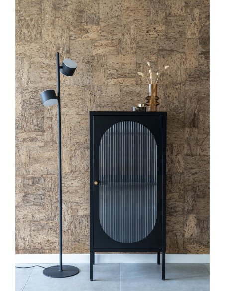 Petit Buffet vitrine moderne Bas 1 porte Métal Noir Verre ondulé Semi-transparent Adélaïde 