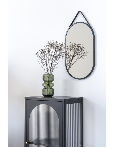 Petit Buffet vitrine moderne Bas 1 porte Métal Noir Verre ondulé Semi-transparent Adélaïde 