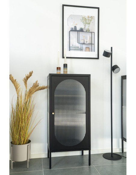 Petit Buffet vitrine moderne Bas 1 porte Métal Noir Verre ondulé Semi-transparent Adélaïde 
