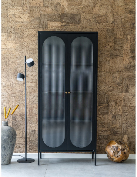 Vitrine 2 portes verre ondulé 180 cm métal noir Adelaide 