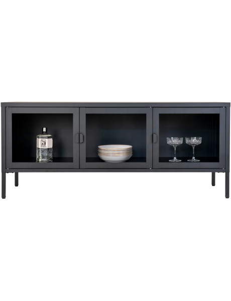 Meuble télé moderne 3 portes Métal Noir Verre Transparent Brisbane 