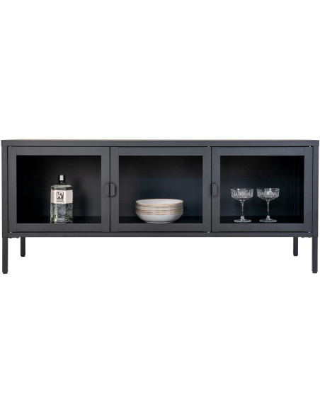 Meuble télé moderne 3 portes Métal Noir Verre Transparent Brisbane 