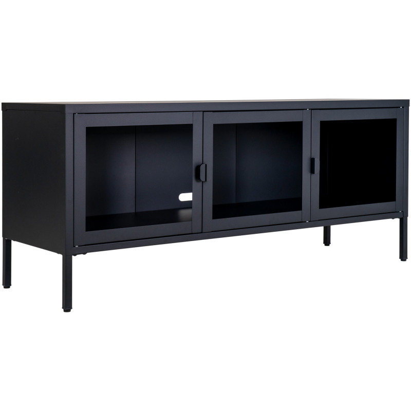 Meuble télé moderne 3 portes Métal Noir Verre Transparent Brisbane 