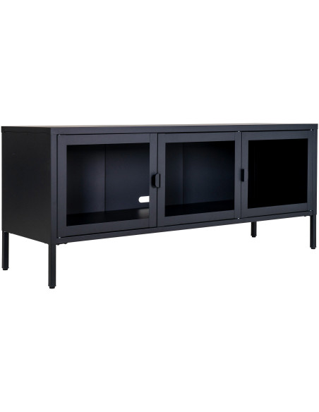 Meuble télé moderne 3 portes Métal Noir Verre Transparent Brisbane 