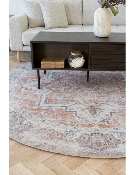 Grand Tapis oriental Rond 200x200 Chenille Polyester Orange Bleu Havana 