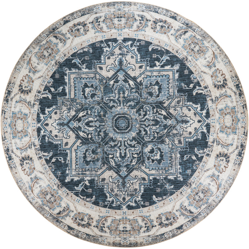 Grand Tapis oriental Rond 200x200 Chenille Polyester Bleu Havana 