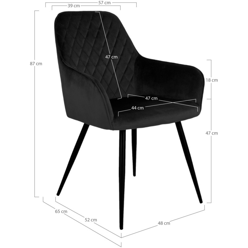 Fauteuil de table matelassé Velours Noir Métal Noir Harbo (Lot de 2) 