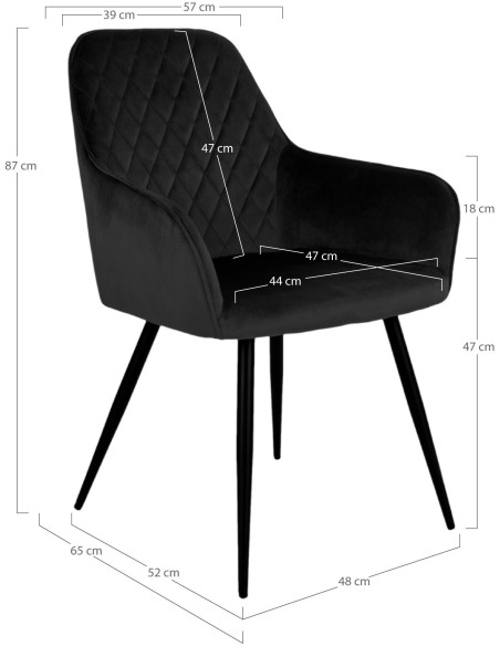 Fauteuil de table matelassé Velours Noir Métal Noir Harbo (Lot de 2) 