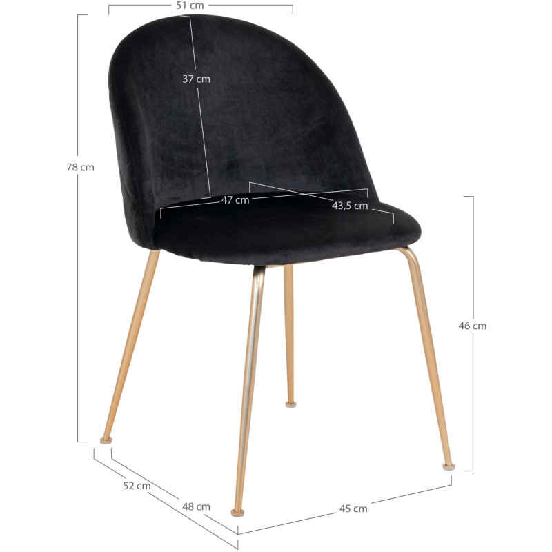 Chaise moderne arrondie Velours Noir Métal Doré Effet laiton Geneve (Lot de 2) 