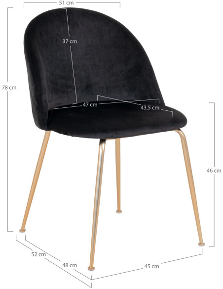 Chaise moderne arrondie Velours Noir Métal Doré Effet laiton Geneve (Lot de 2) 