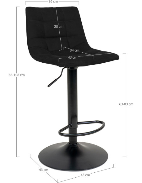 Tabouret de bar moderne réglable Velours Noir Métal Noir Middelfart (Lot de 2) 