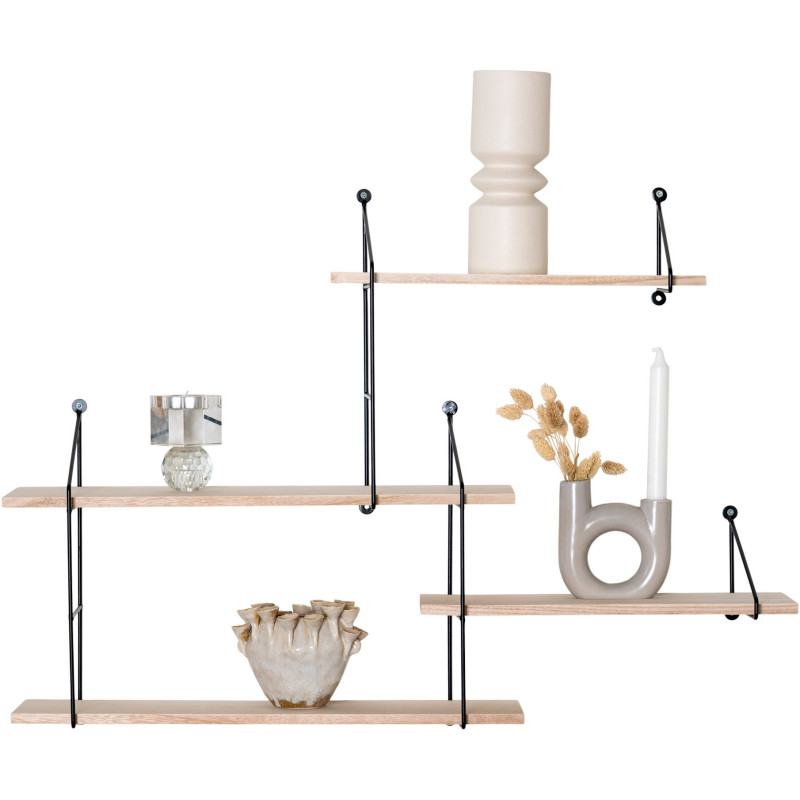 Grande Étagère murale asymétrique 4 niveaux Bois de paulownia Naturel Métal Noir Harlem 