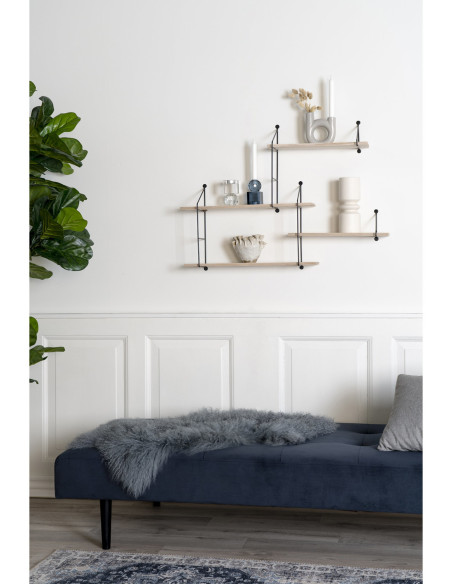 Grande Étagère murale asymétrique 4 niveaux Bois de paulownia Naturel Métal Noir Harlem 