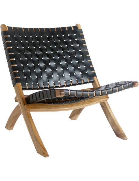 Fauteuil détente bas Cuir véritable Noir Bois de teck Naturel Perugia 