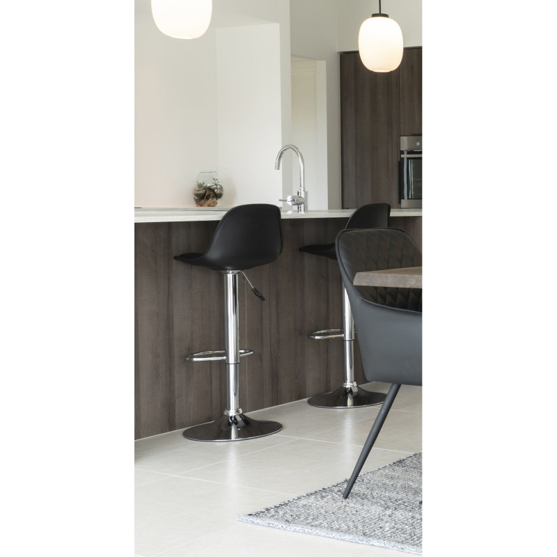 Tabouret de bar moderne réglable Polyuréthane Plastique moulé Noir Métal Argenté Chromé Trondheim (Lot de 2) 