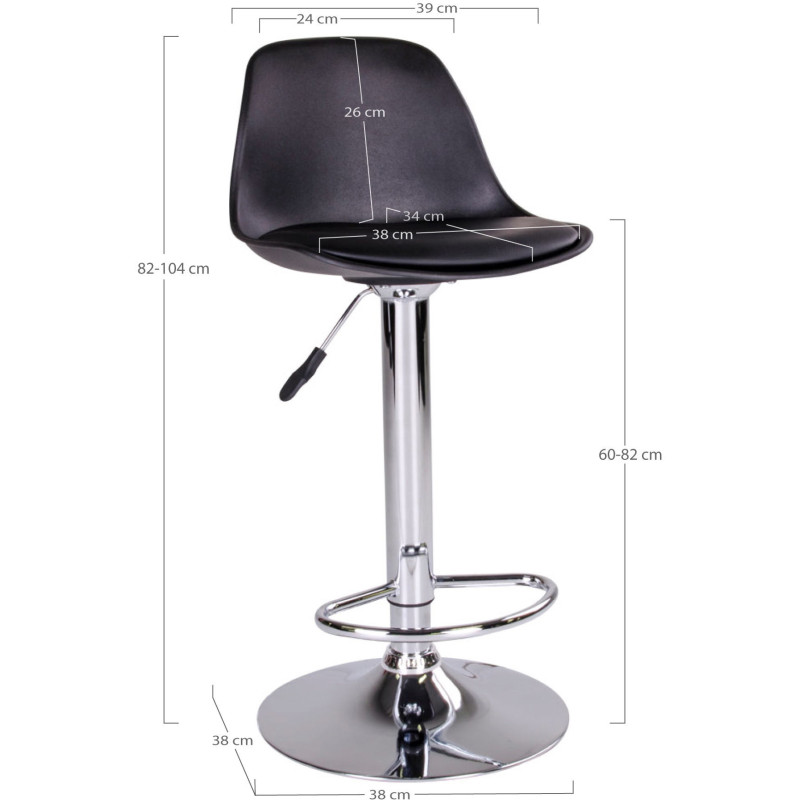 Tabouret de bar moderne réglable Polyuréthane Plastique moulé Noir Métal Argenté Chromé Trondheim (Lot de 2) 