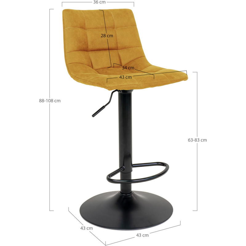 Tabouret de bar moderne réglable Velours Jaune moutarde Métal Noir Middelfart (Lot de 2) 