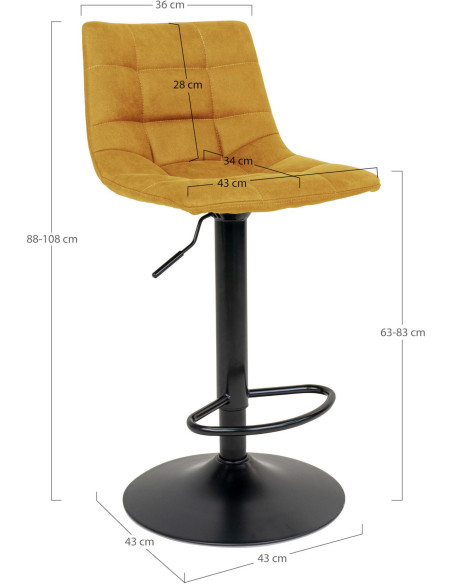 Tabouret de bar moderne réglable Velours Jaune moutarde Métal Noir Middelfart (Lot de 2) 