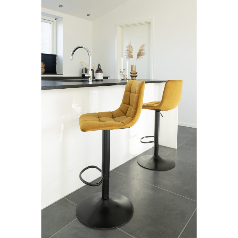 Tabouret de bar moderne réglable Velours Jaune moutarde Métal Noir Middelfart (Lot de 2) 
