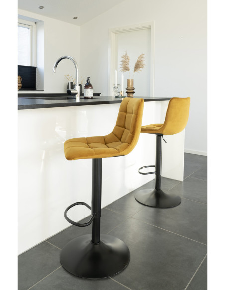 Tabouret de bar moderne réglable Velours Jaune moutarde Métal Noir Middelfart (Lot de 2) 