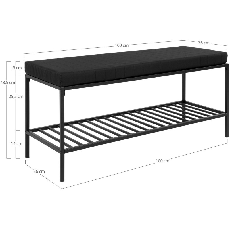 Banc d'entrée moderne 1 étagère 2 places Métal Panneau de particules Feuille de mélamine Tissu Noir Vita 