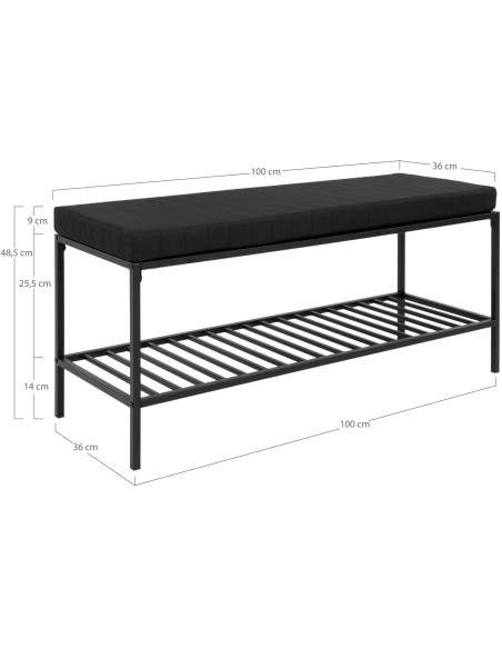 Banc d'entrée moderne 1 étagère 2 places Métal Panneau de particules Feuille de mélamine Tissu Noir Vita 