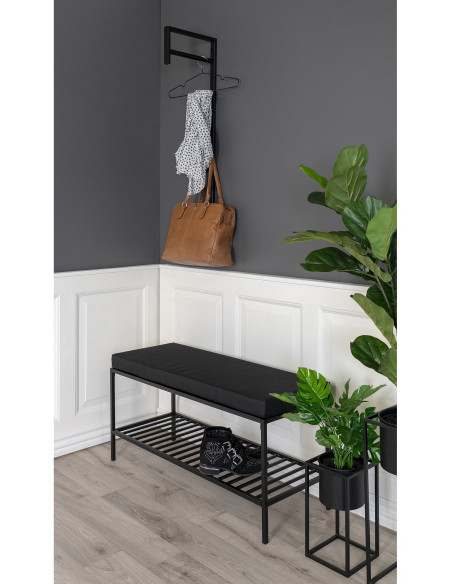 Banc d'entrée moderne 1 étagère 2 places Métal Panneau de particules Feuille de mélamine Tissu Noir Vita 