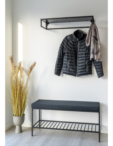 Banc d'entrée moderne 1 étagère 2 places Métal Panneau de particules Feuille de mélamine Tissu Noir Vita 