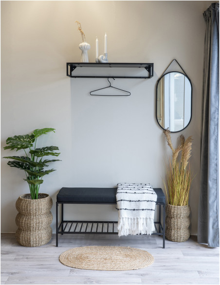 Banc d'entrée moderne 1 étagère 2 places Métal Panneau de particules Feuille de mélamine Tissu Noir Vita 