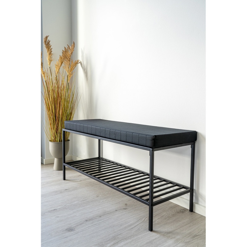 Banc d'entrée moderne 1 étagère 2 places Métal Panneau de particules Feuille de mélamine Tissu Noir Vita 