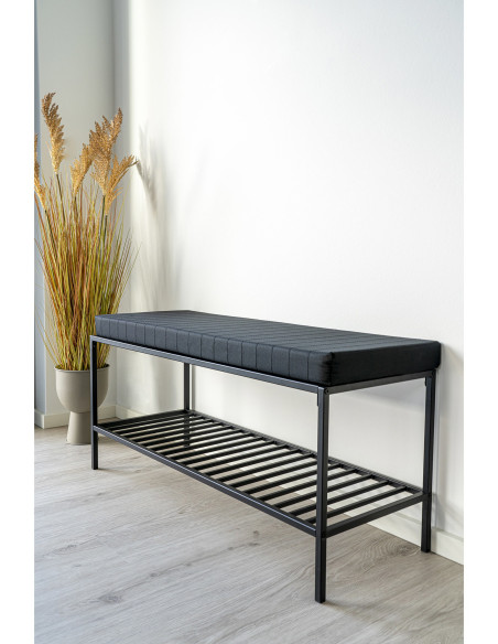 Banc d'entrée moderne 1 étagère 2 places Métal Panneau de particules Feuille de mélamine Tissu Noir Vita 