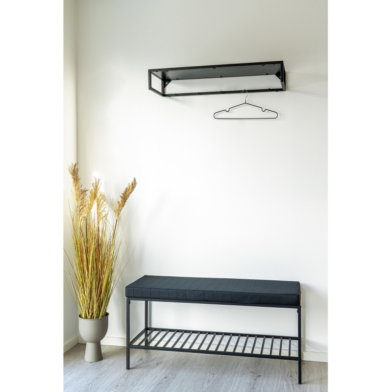 Banc d'entrée moderne 1 étagère 2 places Métal Panneau de particules Feuille de mélamine Tissu Noir Vita 