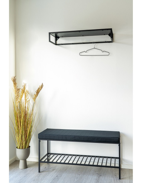 Banc d'entrée moderne 1 étagère 2 places Métal Panneau de particules Feuille de mélamine Tissu Noir Vita 