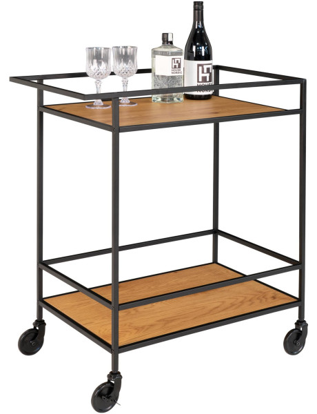 Desserte bar moderne sur roulettes 2 niveaux Métal Noir Panneau de particules Feuille de mélamine Naturel Effet chêne Vita 