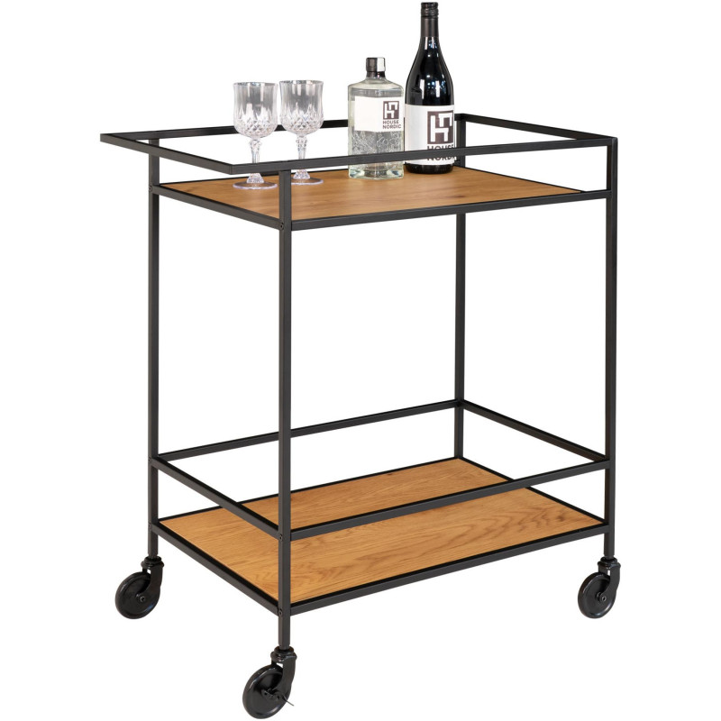 Desserte bar moderne sur roulettes 2 niveaux Métal Noir Panneau de particules Feuille de mélamine Naturel Effet chêne Vita 