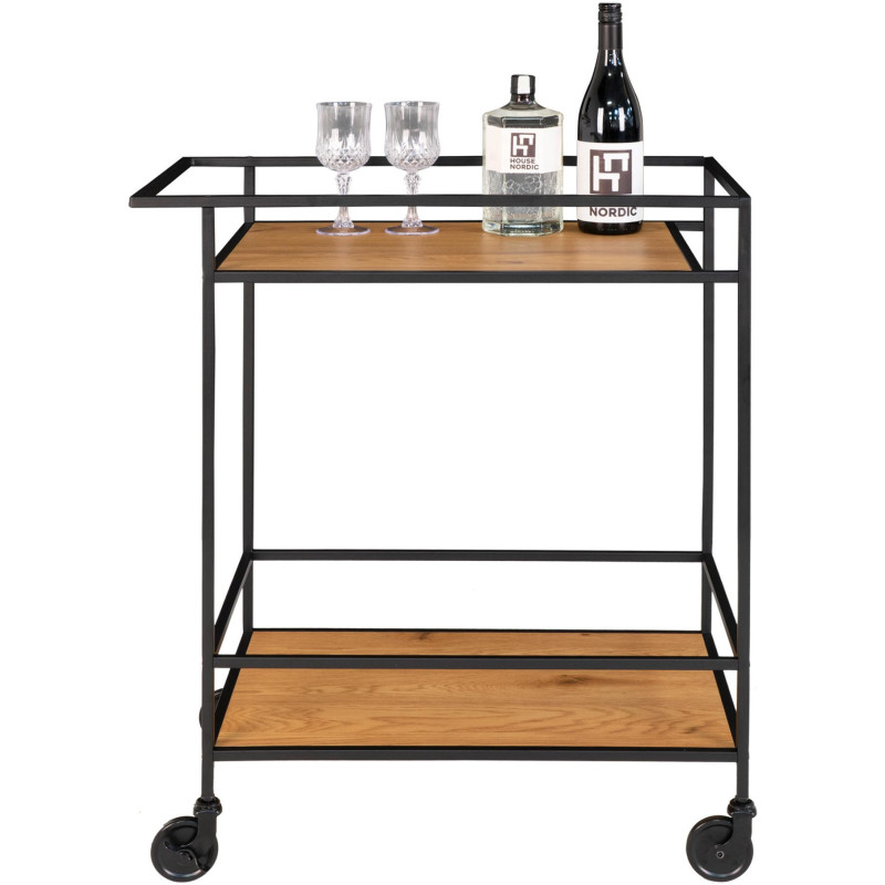 Desserte bar moderne sur roulettes 2 niveaux Métal Noir Panneau de particules Feuille de mélamine Naturel Effet chêne Vita 