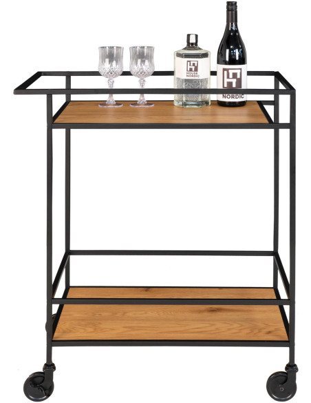 Desserte bar moderne sur roulettes 2 niveaux Métal Noir Panneau de particules Feuille de mélamine Naturel Effet chêne Vita 