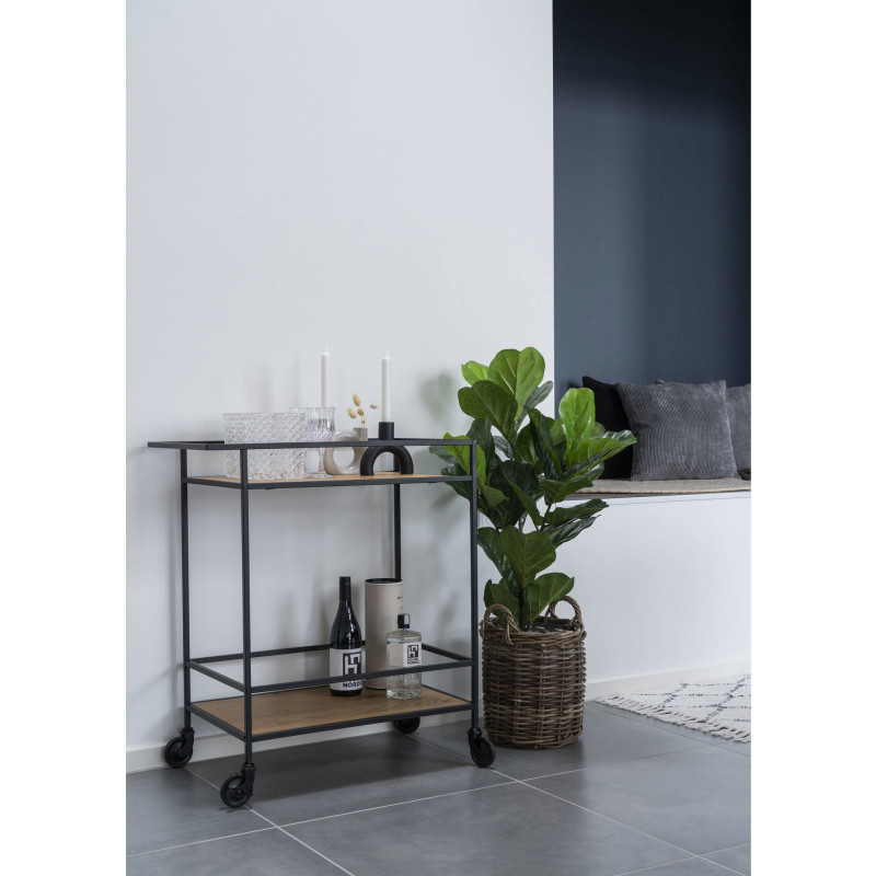Desserte bar moderne sur roulettes 2 niveaux Métal Noir Panneau de particules Feuille de mélamine Naturel Effet chêne Vita 