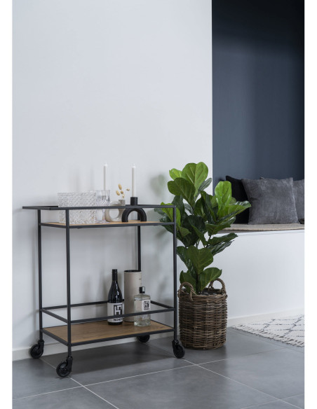 Desserte bar moderne sur roulettes 2 niveaux Métal Noir Panneau de particules Feuille de mélamine Naturel Effet chêne Vita 