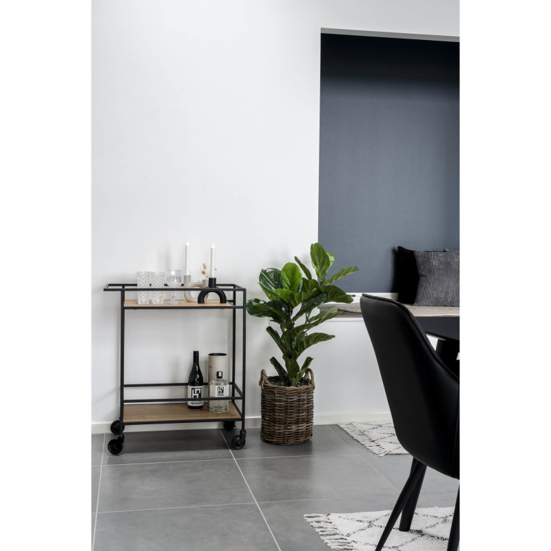 Desserte bar moderne sur roulettes 2 niveaux Métal Noir Panneau de particules Feuille de mélamine Naturel Effet chêne Vita 