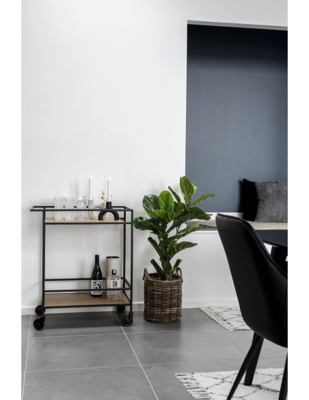 Desserte bar moderne sur roulettes 2 niveaux Métal Noir Panneau de particules Feuille de mélamine Naturel Effet chêne Vita 