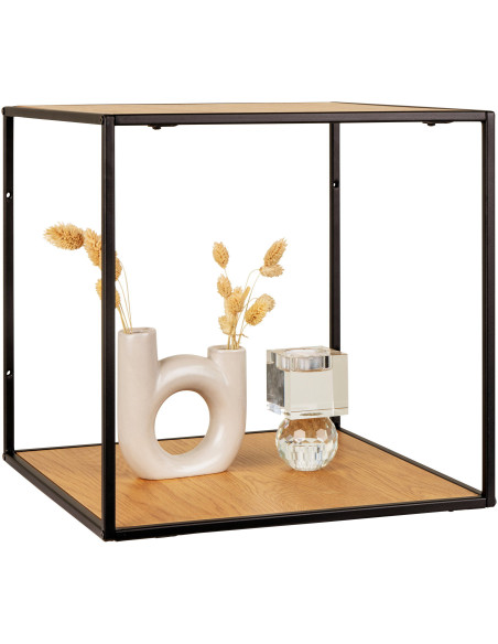 Petite Étagère murale moderne 2 niveaux Métal Noir Panneau de particules Feuille de mélamine Naturel Effet chêne Vita 