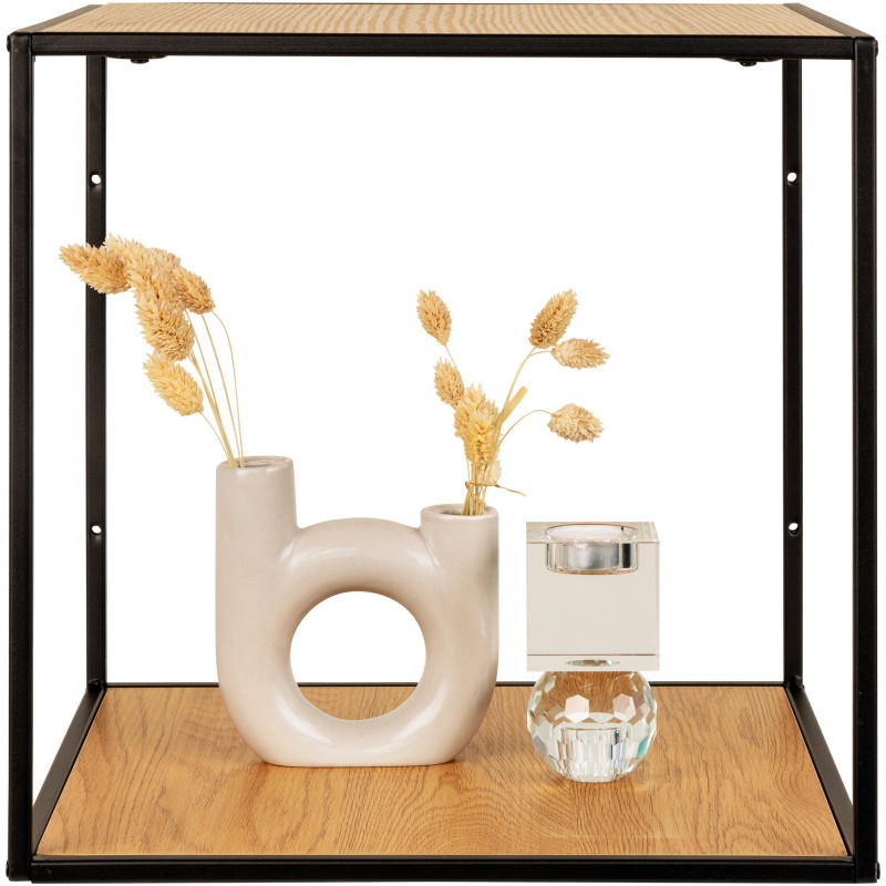 Petite Étagère murale moderne 2 niveaux Métal Noir Panneau de particules Feuille de mélamine Naturel Effet chêne Vita 